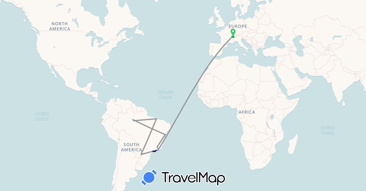 TravelMap itinerary: driving, bus, plane, boat in Brazil, Switzerland (Europe, South America)